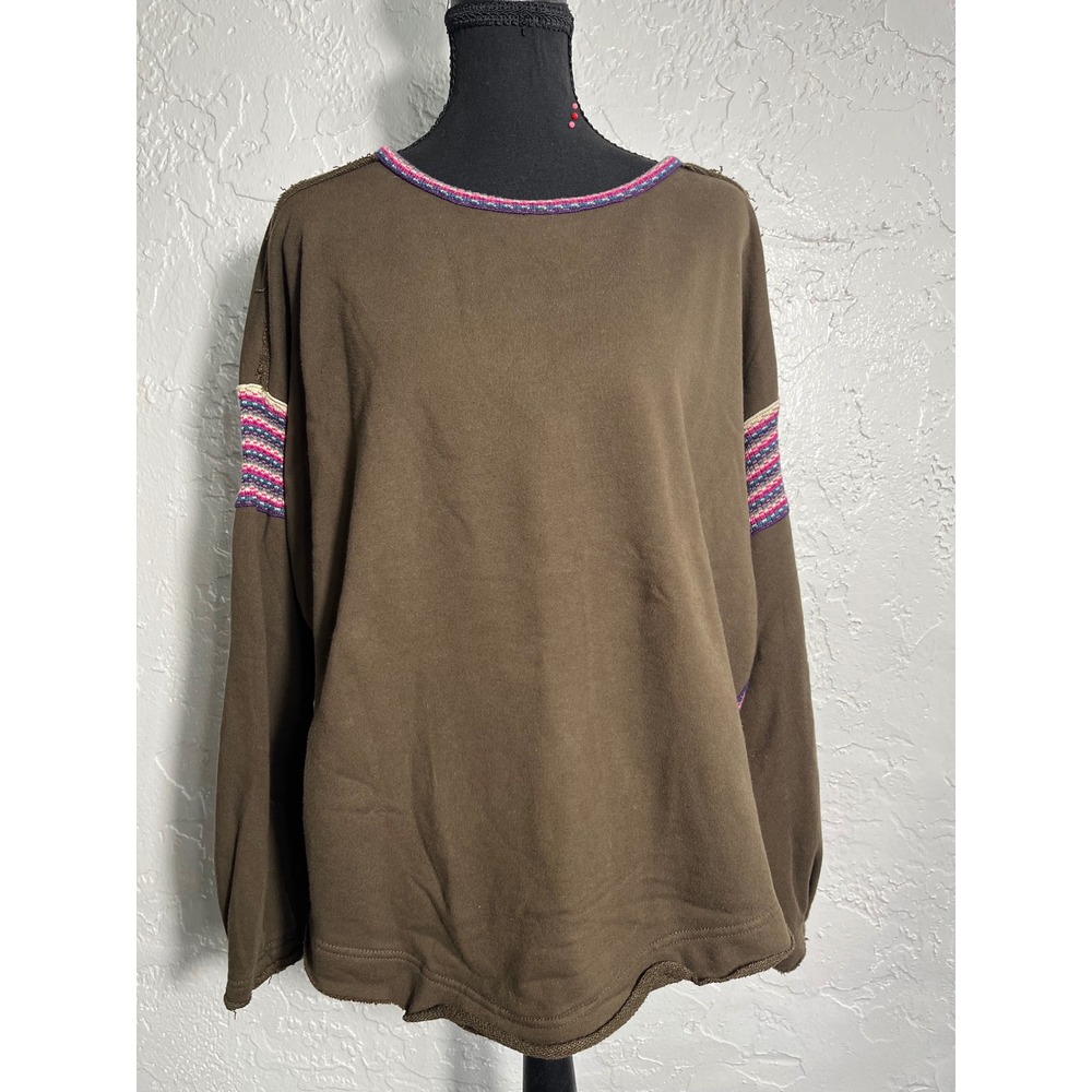 Natural Life Women's S/M Brown Boho Pullover Top Colorful Knit Trim Oversized